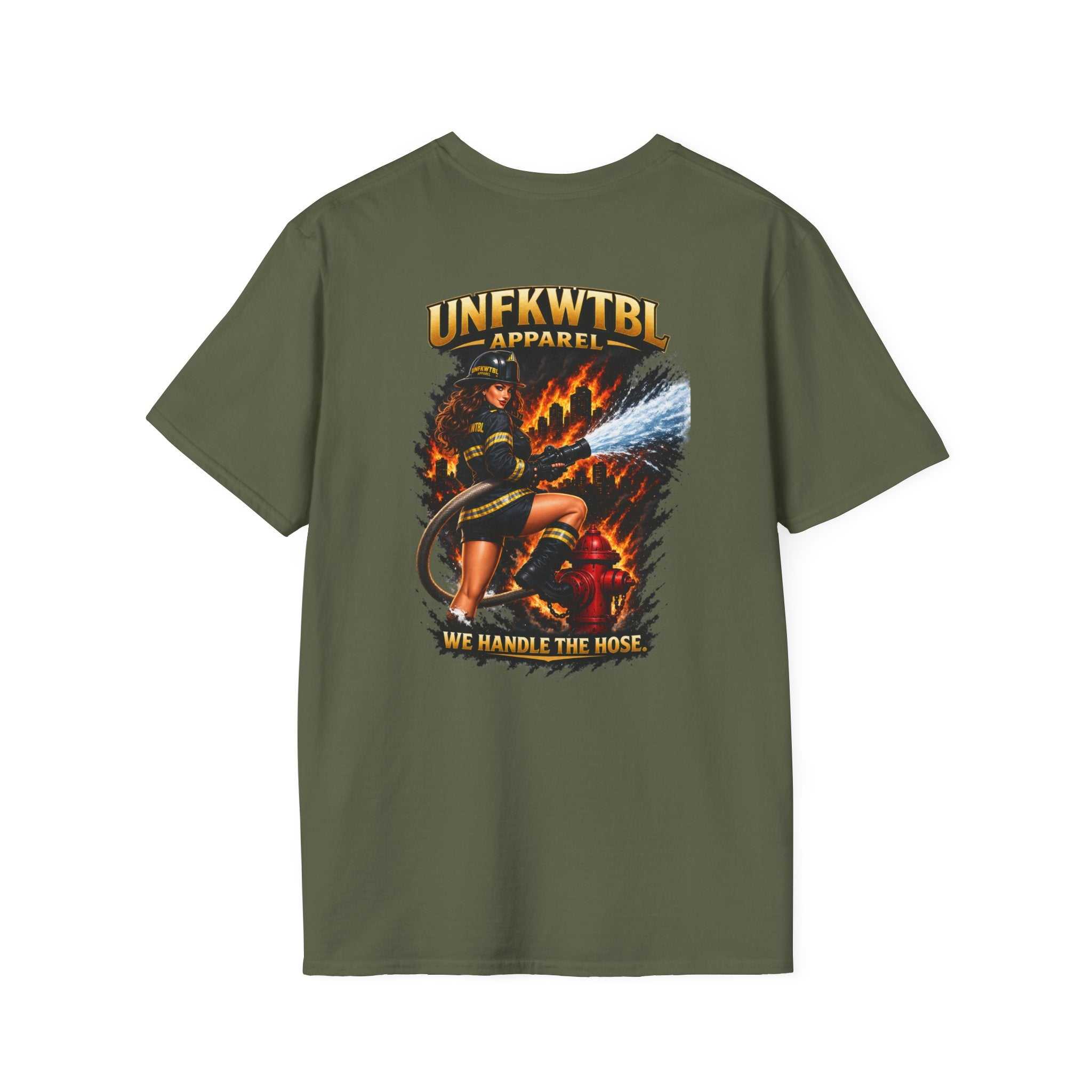 Firefighter T-Shirt with "UNFKWTBL Apparel: We Handle The Hose" graphic and rescue scene design