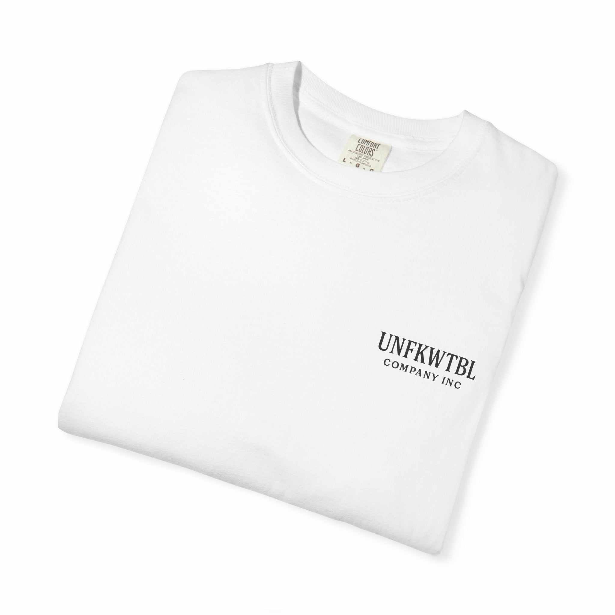 Folded white Steel and Silence unisex T-shirt with black logo print on chest, made from soft garment-dyed cotton, available in multiple sizes.