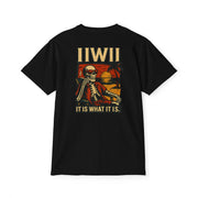 Black t-shirt with skeleton sunset gangster design smoking cigarette and text "It is what it is"