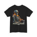 Black Beach Vibes Tee with skeleton wearing sunglasses sitting on a chair and 