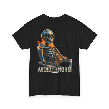 Black Beach Vibes Tee with skeleton wearing sunglasses sitting on a chair and "AVOID THE NORM" text design