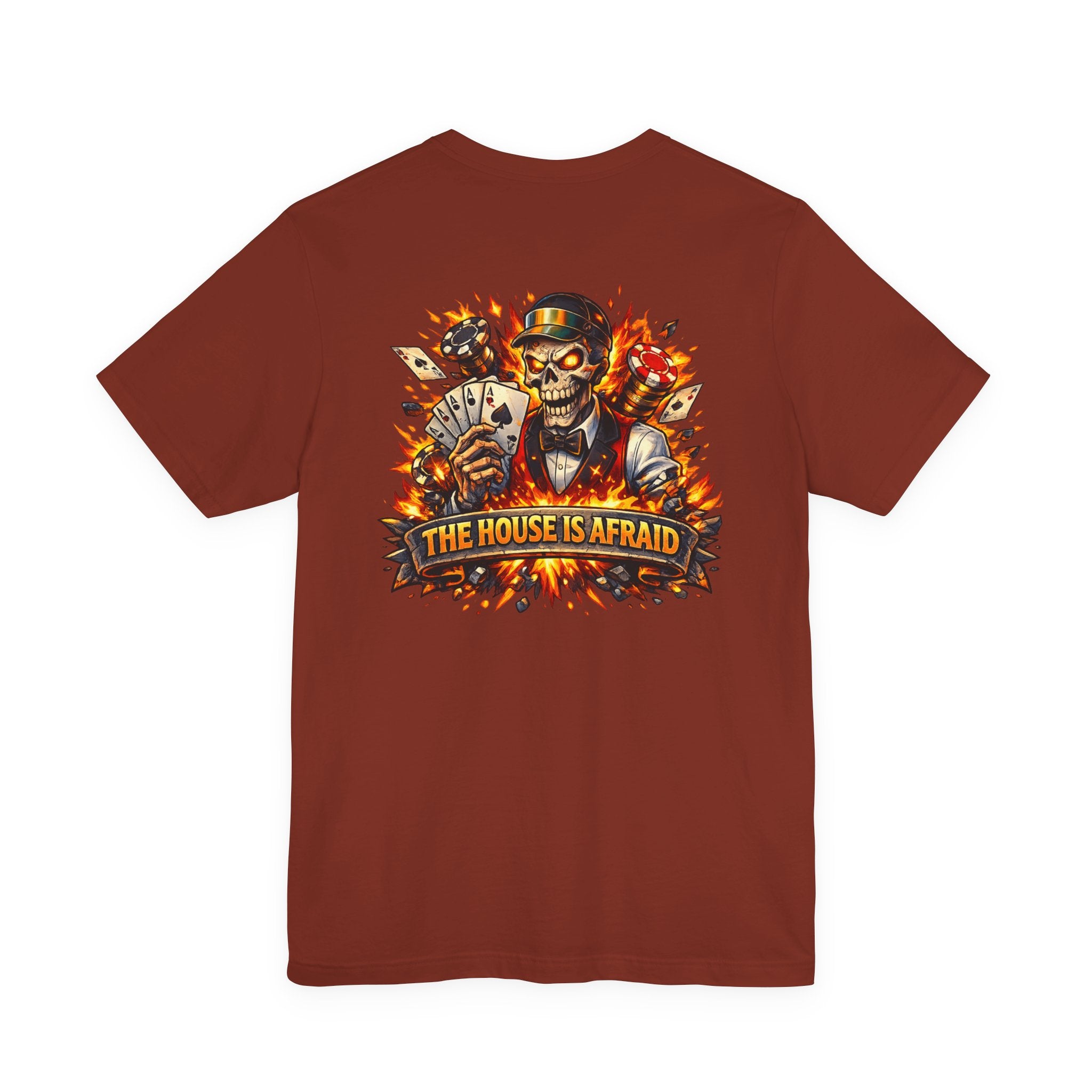 Poker Skull Tee — "The House Is Afraid" Graphic Playing Cards Shirt