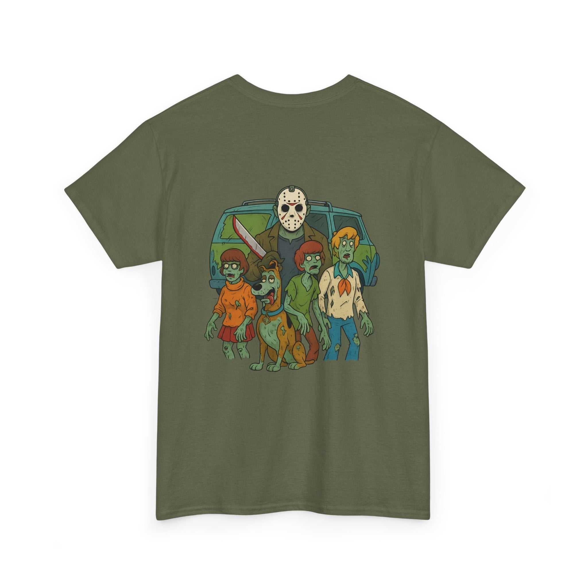 T-shirt design featuring Jason Voorhees hanging out with the Mystery Crew cartoon characters