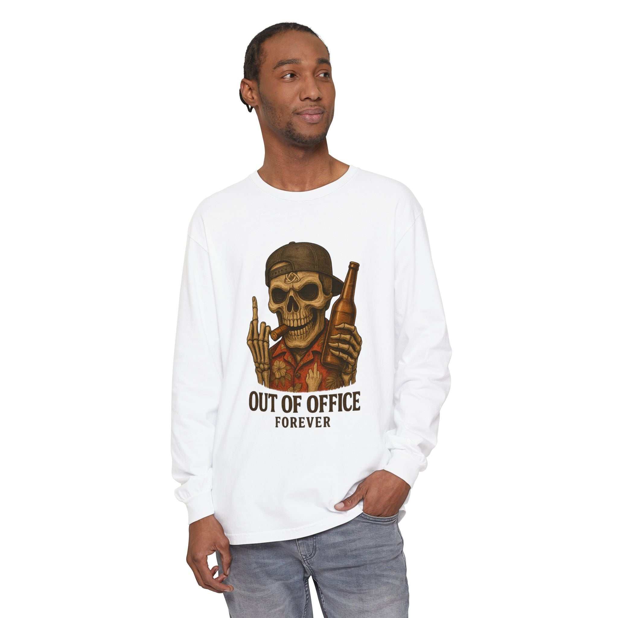 Long sleeve t-shirt with "Out of Office Forever" skull and beer graphic, garment-dyed cotton, ribbed cuffs, and double-stitched hems.