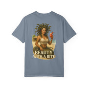 Medusa Beauty T-shirt with strawberry daiquiri design, gray unisex cotton tee, "Beauty With A Bite" text.