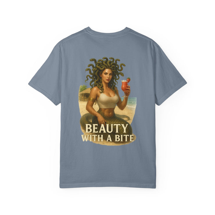 Medusa Beauty T-shirt with strawberry daiquiri design, gray unisex cotton tee, "Beauty With A Bite" text.