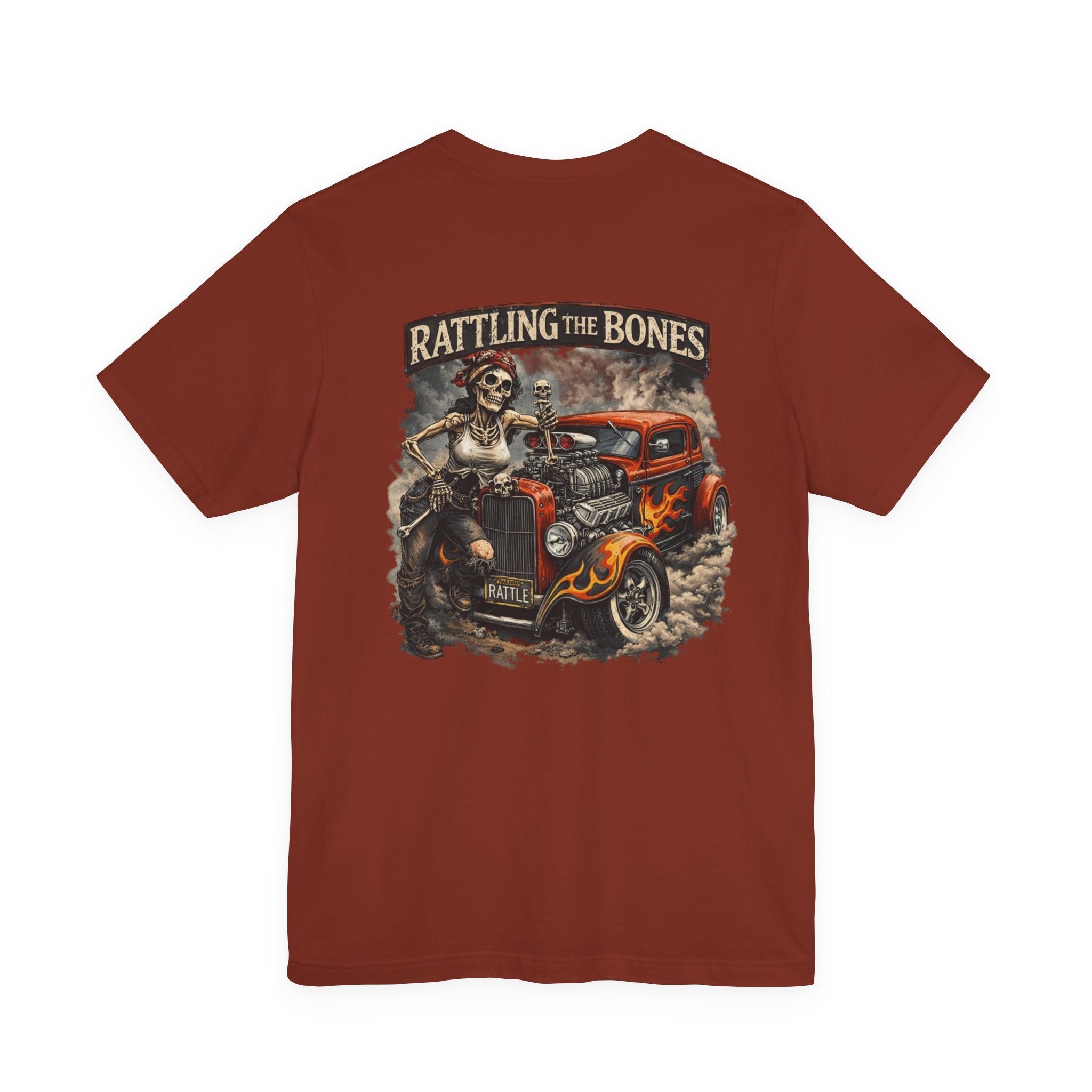 Rat Rod Skull Tee — "Rattling the Bones" Retro Hot Rod Graphic T-Shirt