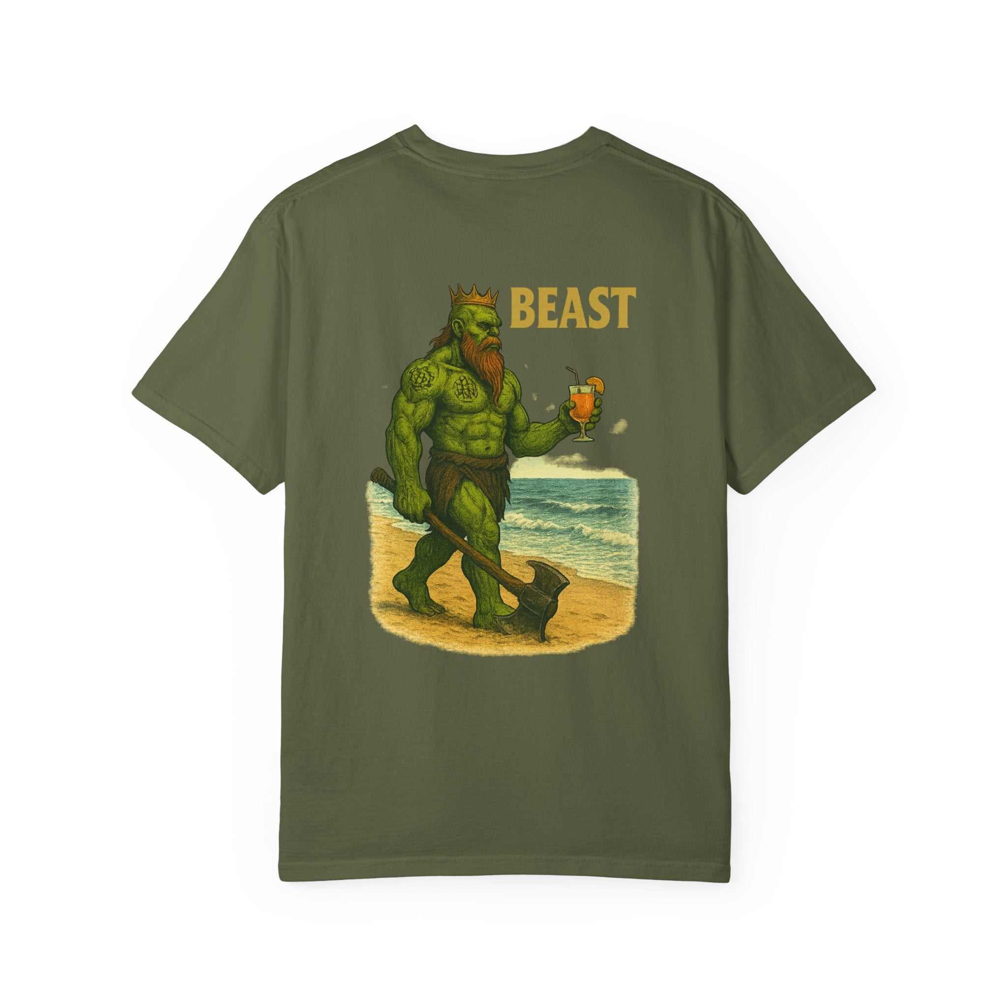 Unisex olive green t-shirt with graphic of muscular green Beast King on beach holding drink, text "BEAST" above, casual summer wear