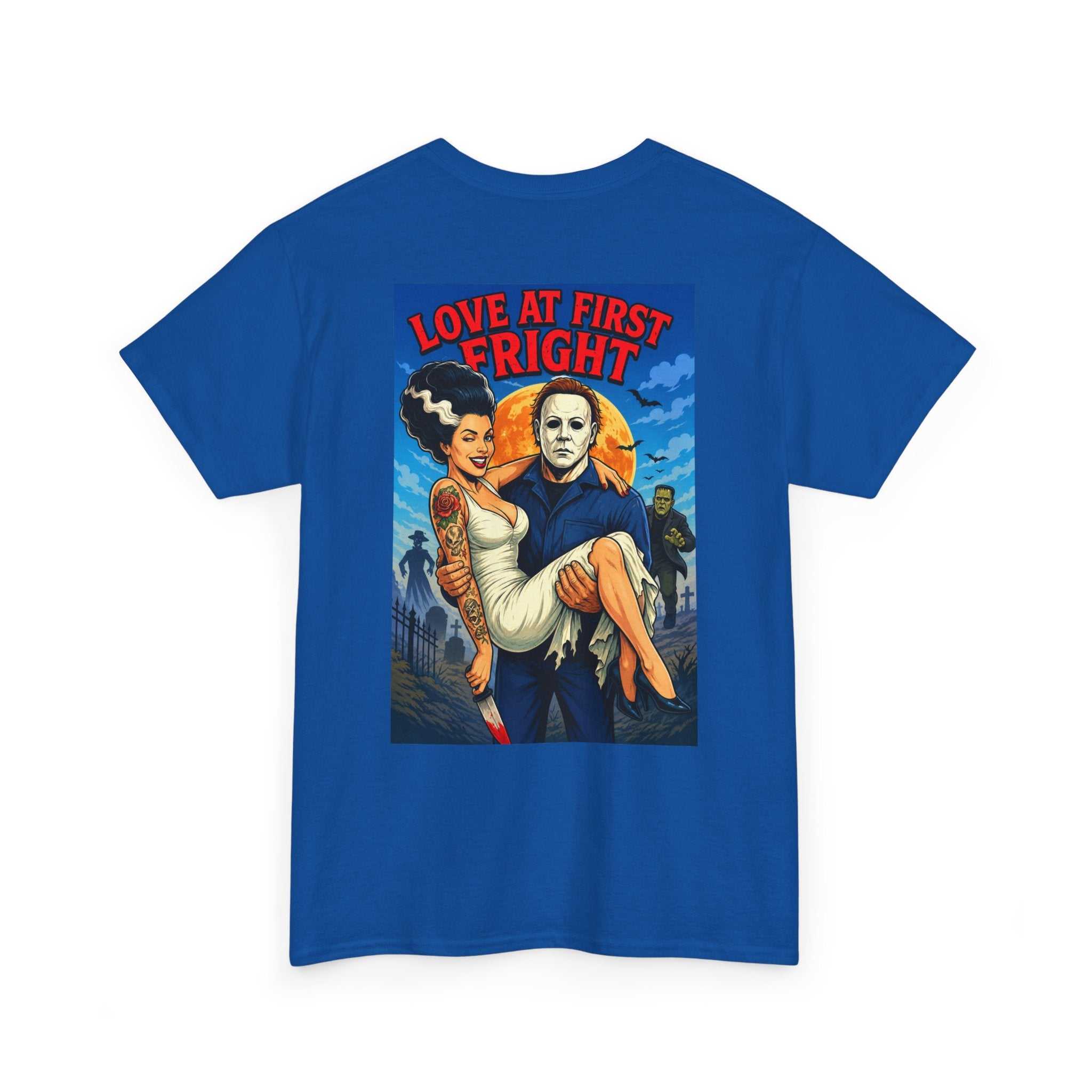 Horror Tee with Michael Myers and Bride graphic and "Love at First Fright" retro horror design on back