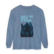Unisex Long Sleeve T-Shirt, Pain is the Proof of Power Tee for Gym, Fitness, Motivational Quote, Gift for Him or Her, Casual Wear