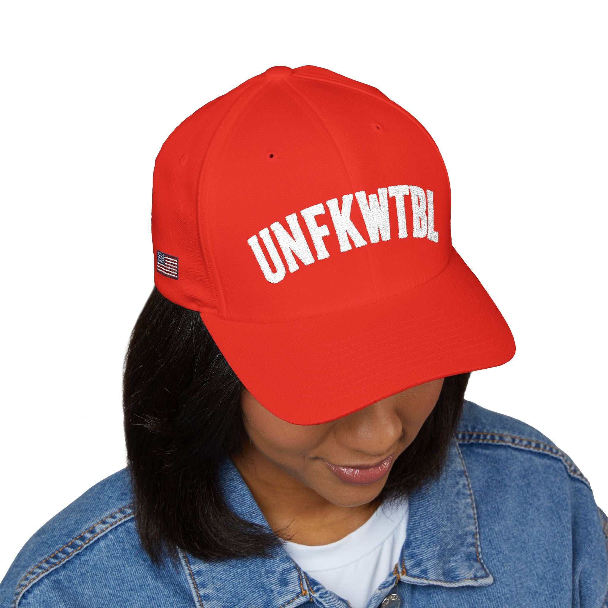 UNFKWTBL Embroidered Baseball Cap – Bold Patch Lettering, Lucky Clover/ American Flag Accent