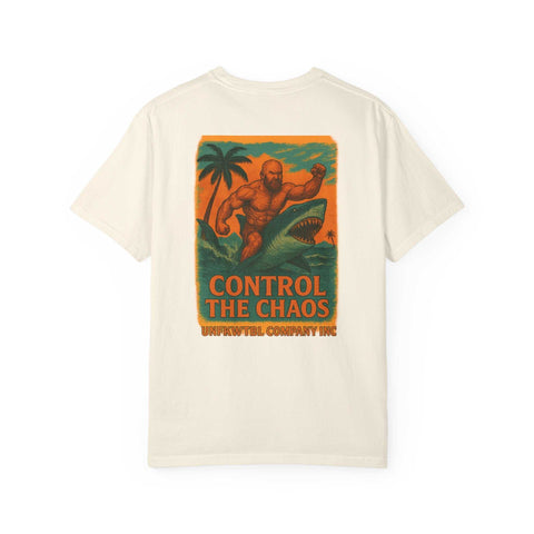 Unisex garment-dyed Control the Chaos t-shirt with vibrant graphic of man fighting shark and palm tree on back, sustainable cotton tee