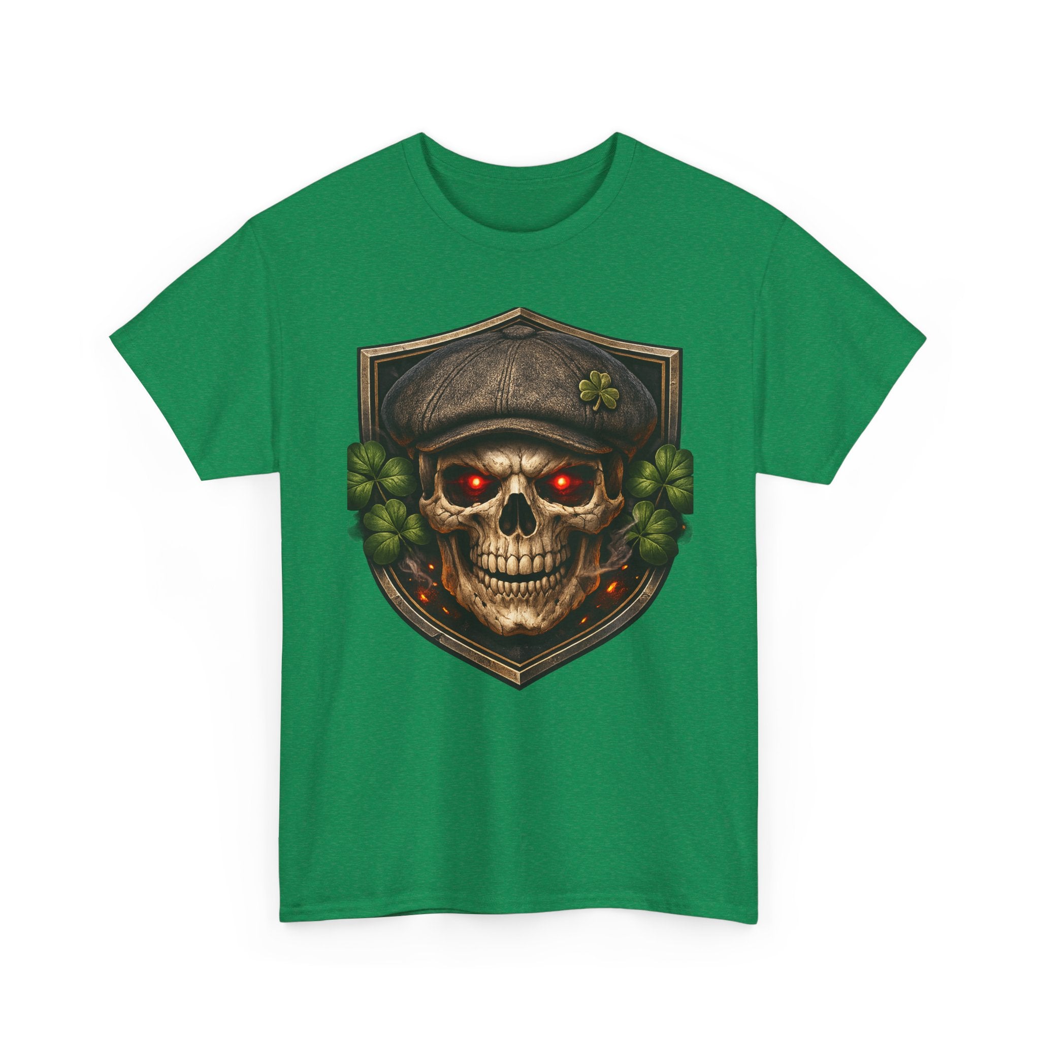 Skull & Shamrock Tee — Celtic Pirate Skull Shirt with Red-Eye Skeleton and Clover Badge