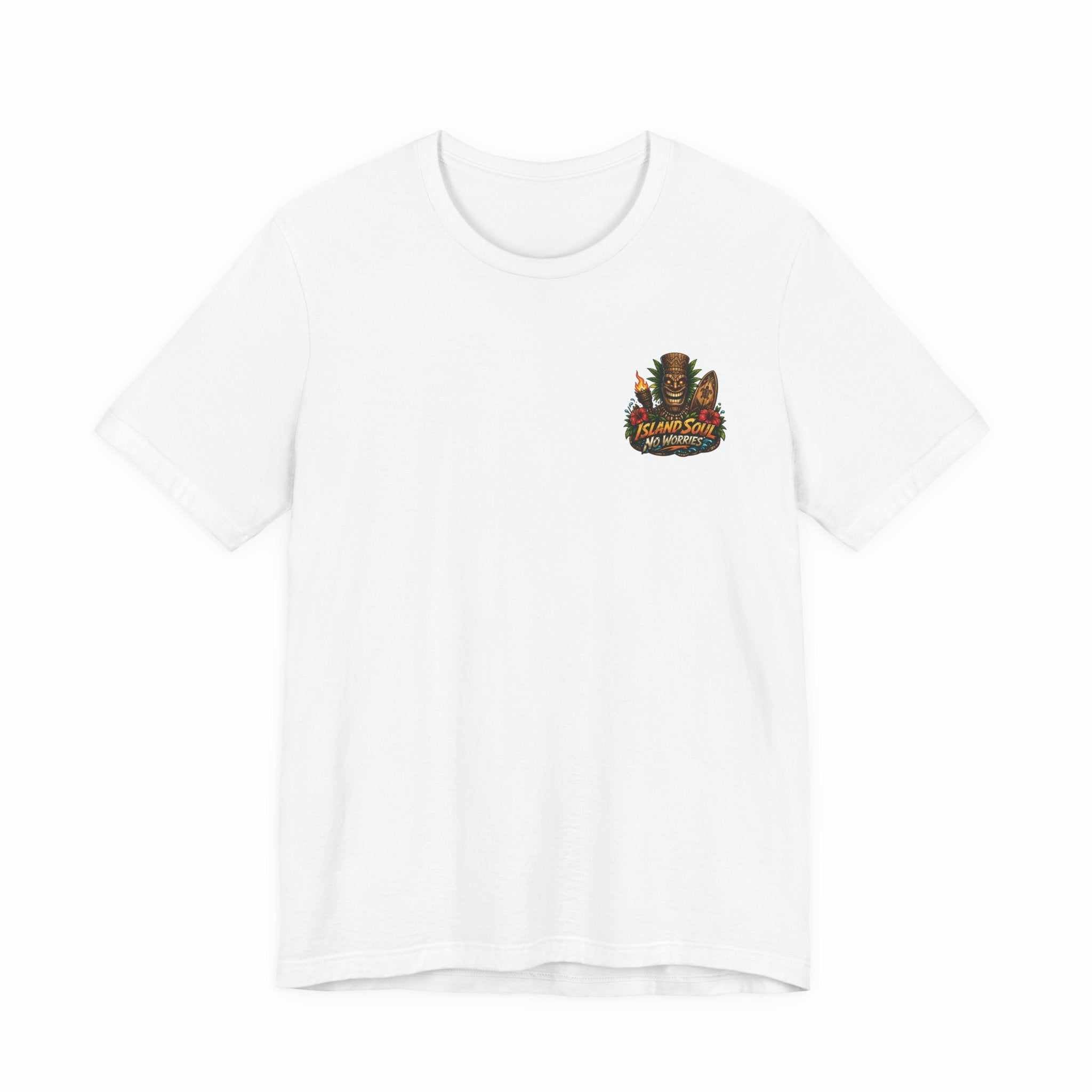 Tropical Tiki Tee with tiki, hibiscus flowers, and waves design on a casual island-inspired t-shirt