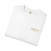 White folded Medusa Beauty unisex T-shirt with small UNFKWTBL Company Inc logo print on chest