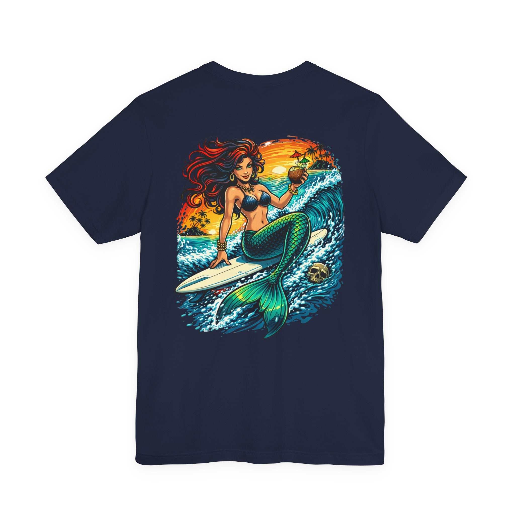 Retro Mermaid Surfer T-Shirt with vibrant beach surfing graphic and breathable cotton fabric