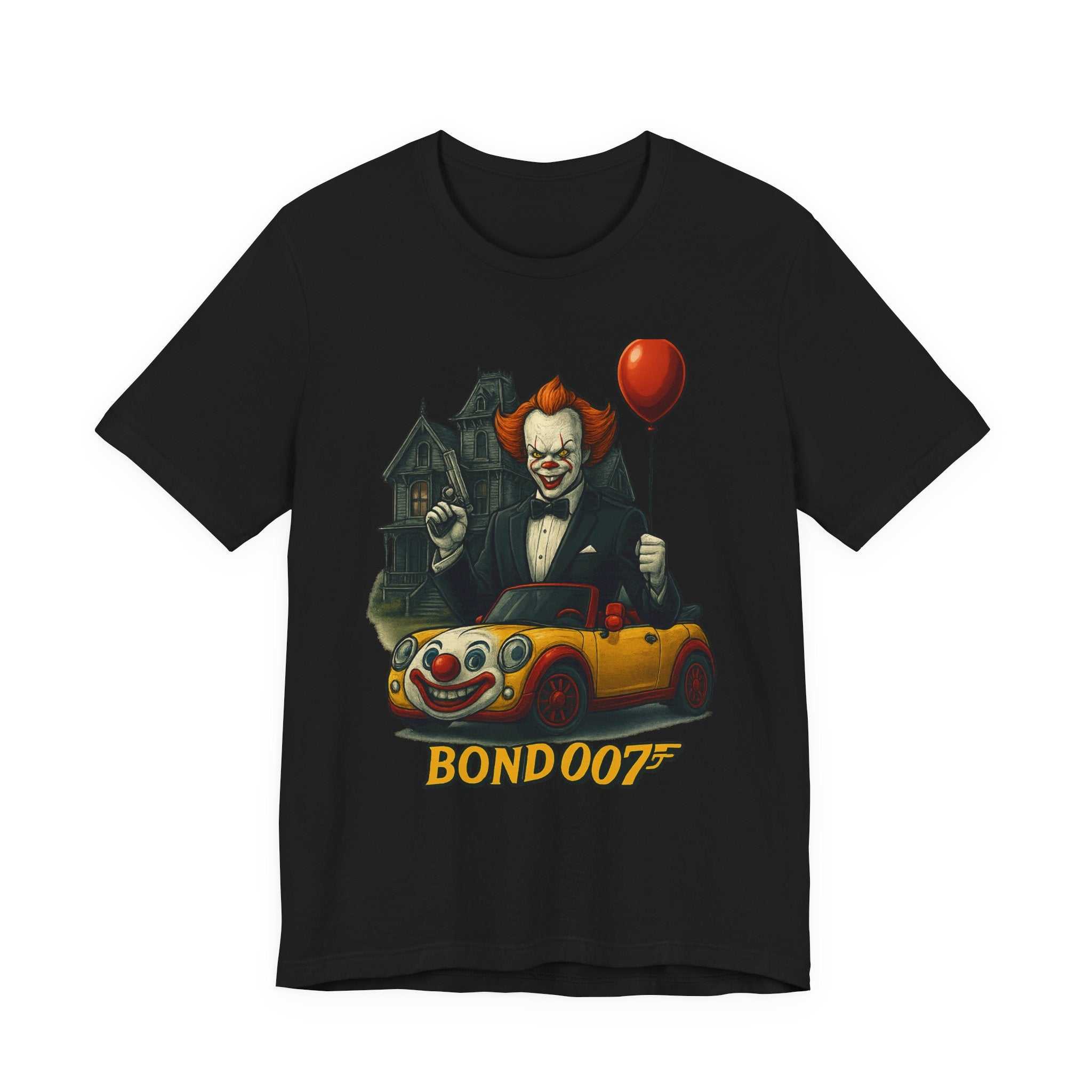Clown Spy Thriller Tee — "Bond 007" Horror Car Balloon Graphic T-Shirt
