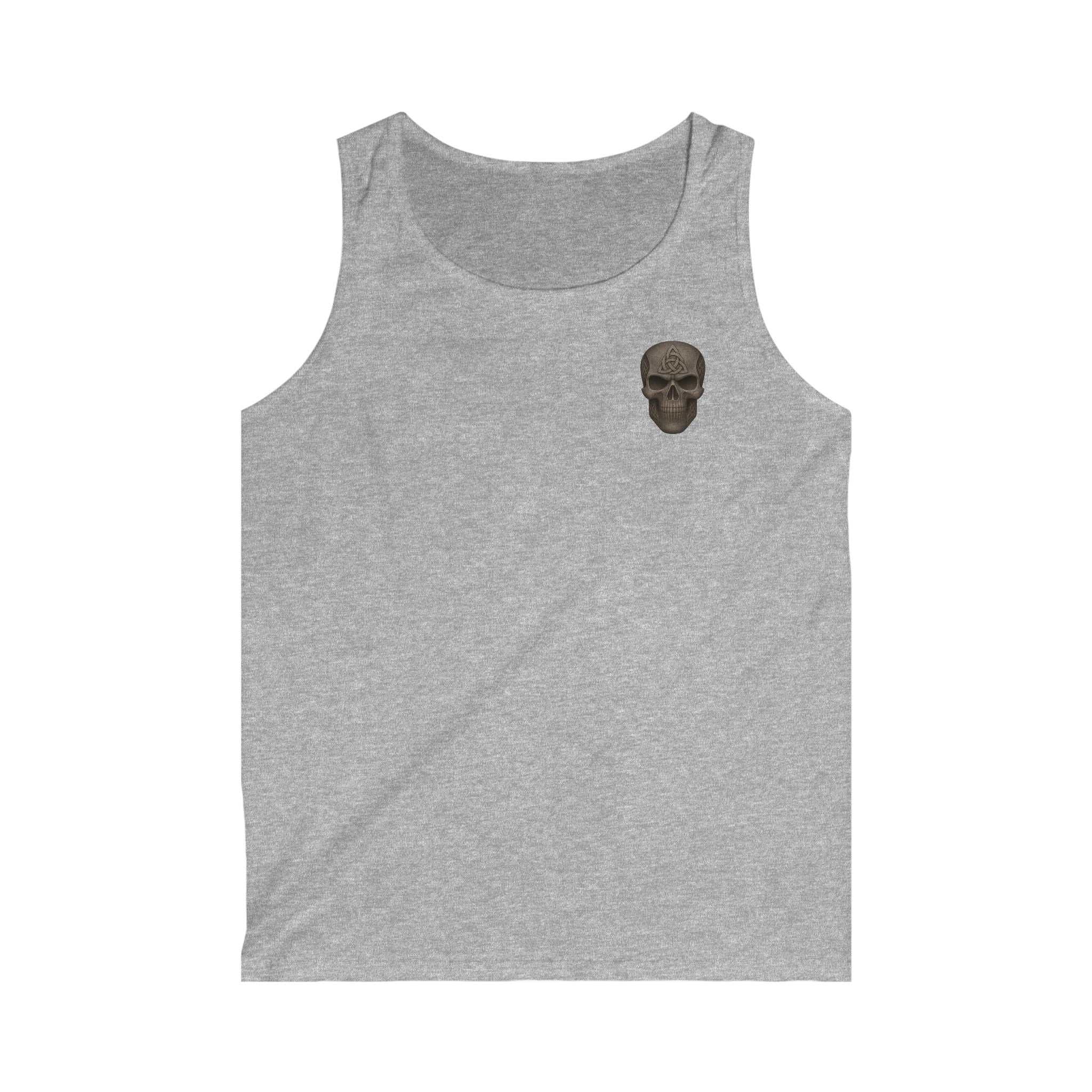 Gray tank top with small skull design on chest, made from lightweight ringspun cotton, seamless and stylish for men