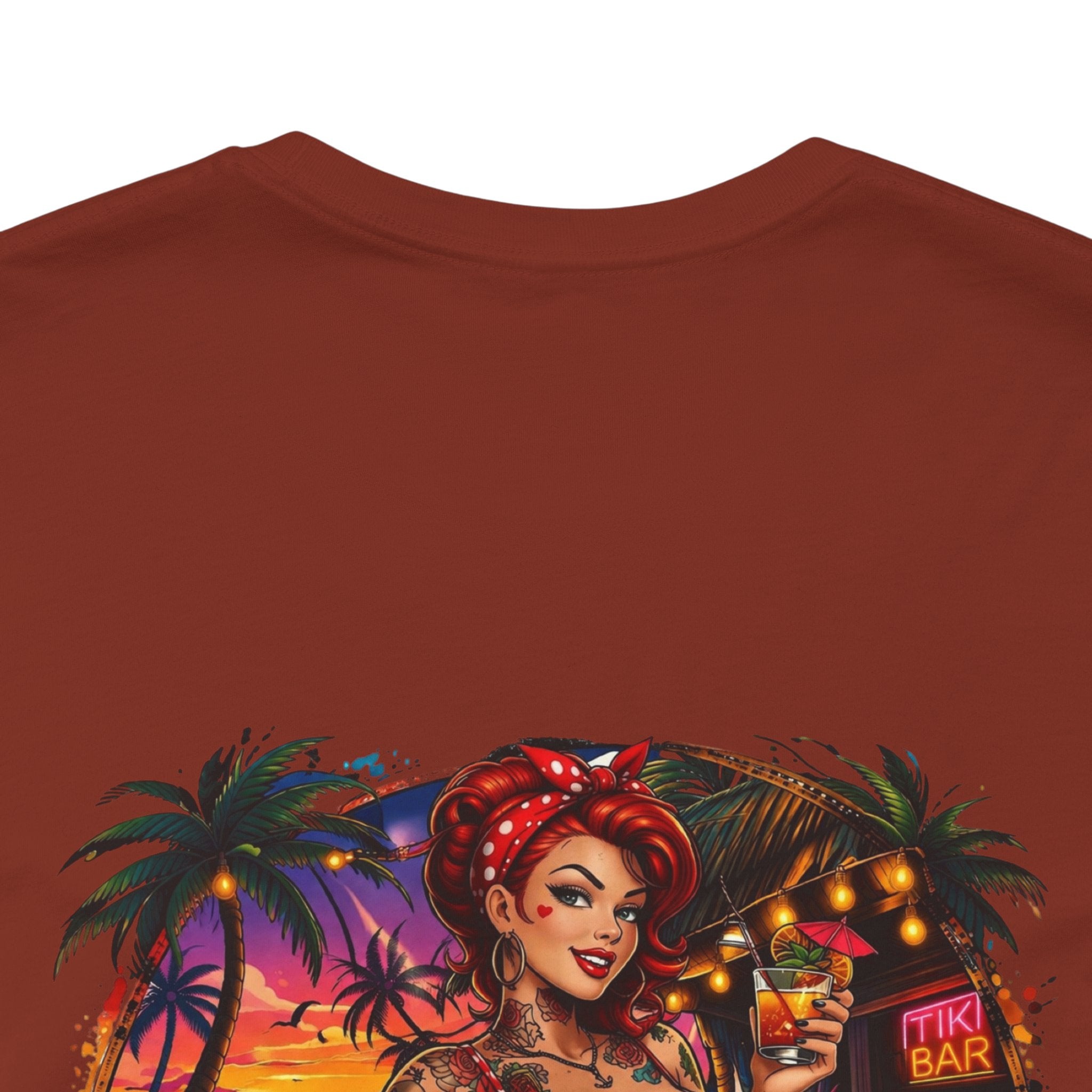 Beach Pinup T‑Shirt — "Less Thinkin', More Drinkin'" Retro Tropical Tee
