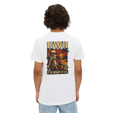 White t-shirt with Skeleton Sunset Gangster Design featuring a skeleton smoking with sunset background on back.