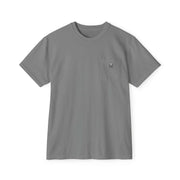 Gray pocket t-shirt with skeleton sunset gangster design on chest pocket, 100% cotton, vintage pigment dye, relaxed fit.
