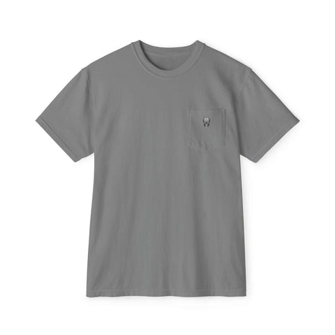 Gray pocket t-shirt with skeleton sunset gangster design on chest pocket, 100% cotton, vintage pigment dye, relaxed fit.
