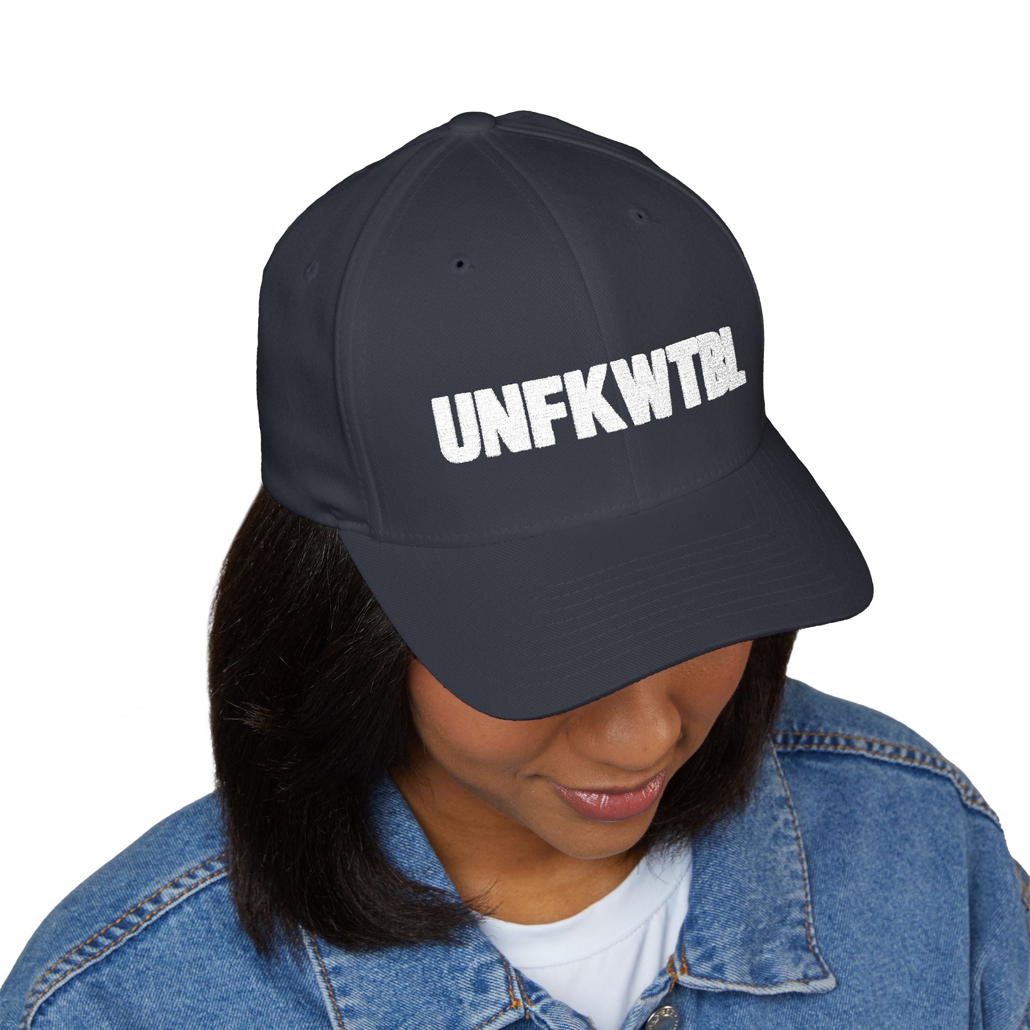Embroidered 'UNFKWTBL' Closed-Back Structured Cap — Bold Distressed Logo Dad Hat