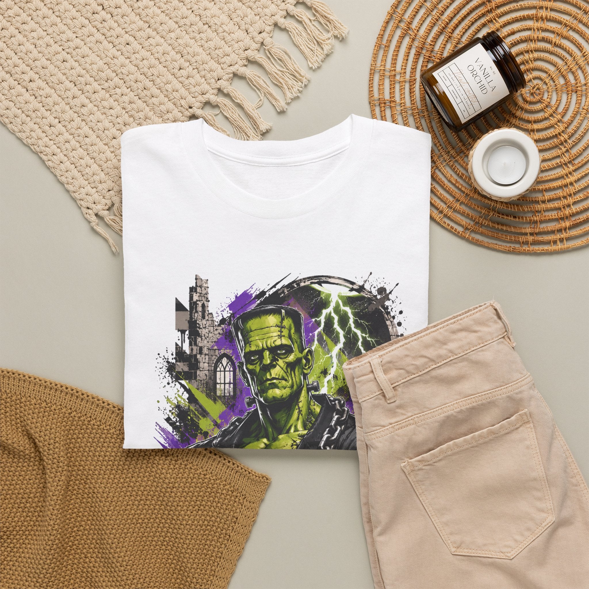 Frankenstein Monster Abstract Tee — "UNFKW TBL" Neon Horror Graphic Shirt