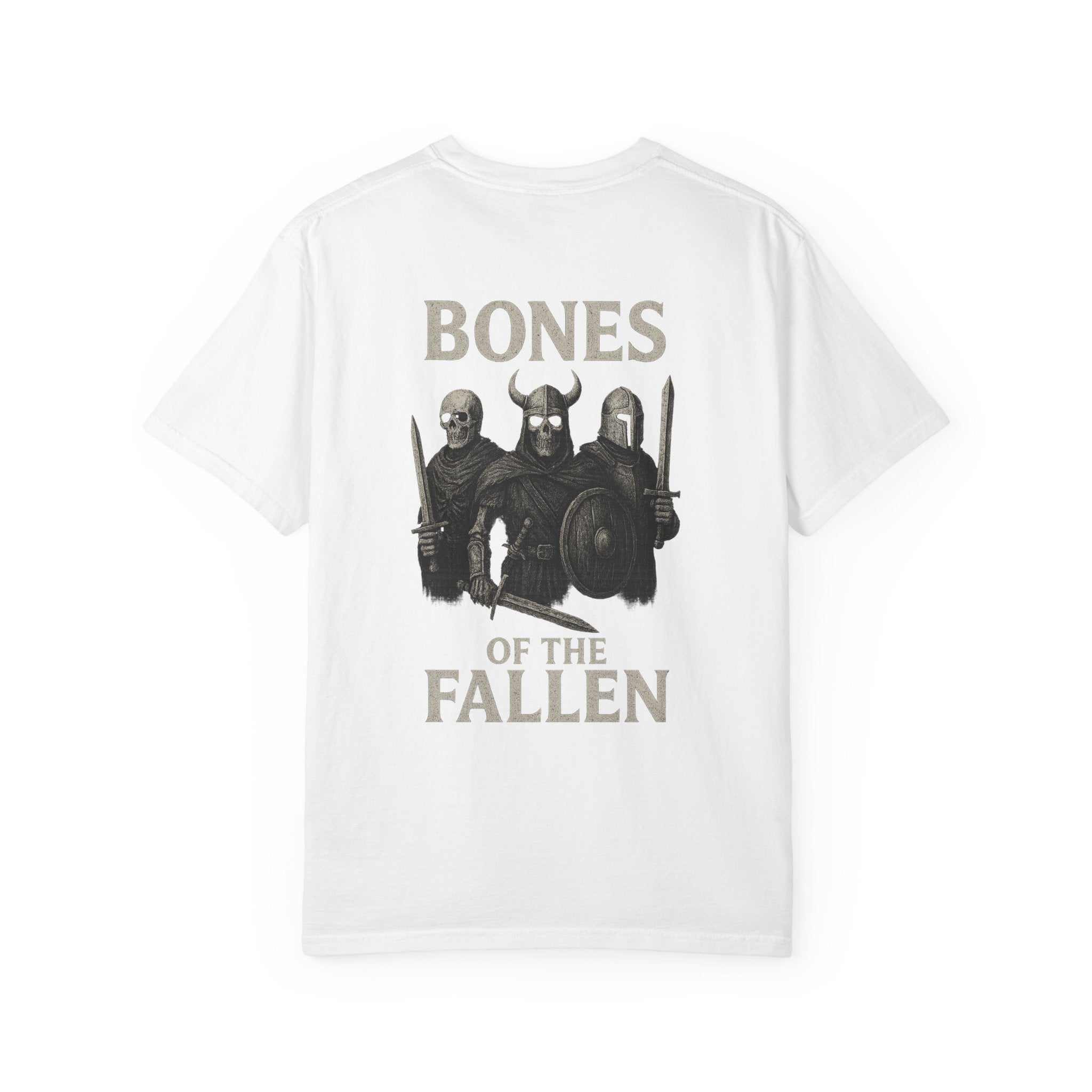White Viking Warrior Unisex Tee with "Bones of the Fallen" graphic of three Viking warriors on the back