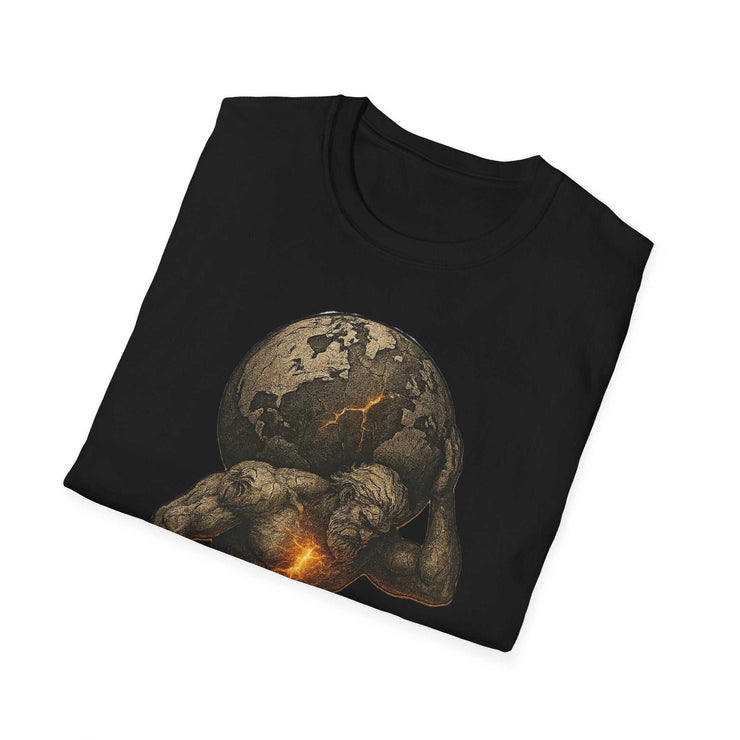 Black Atlas Strength Unisex Softstyle T-shirt featuring a bold graphic of a muscular figure holding a cracked, glowing Earth design.
