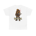 Black Viking God Tee with Norse mythology design and classic fit size chart