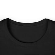 Close-up of black women's tee neckline with ribbed knit collar for shape retention