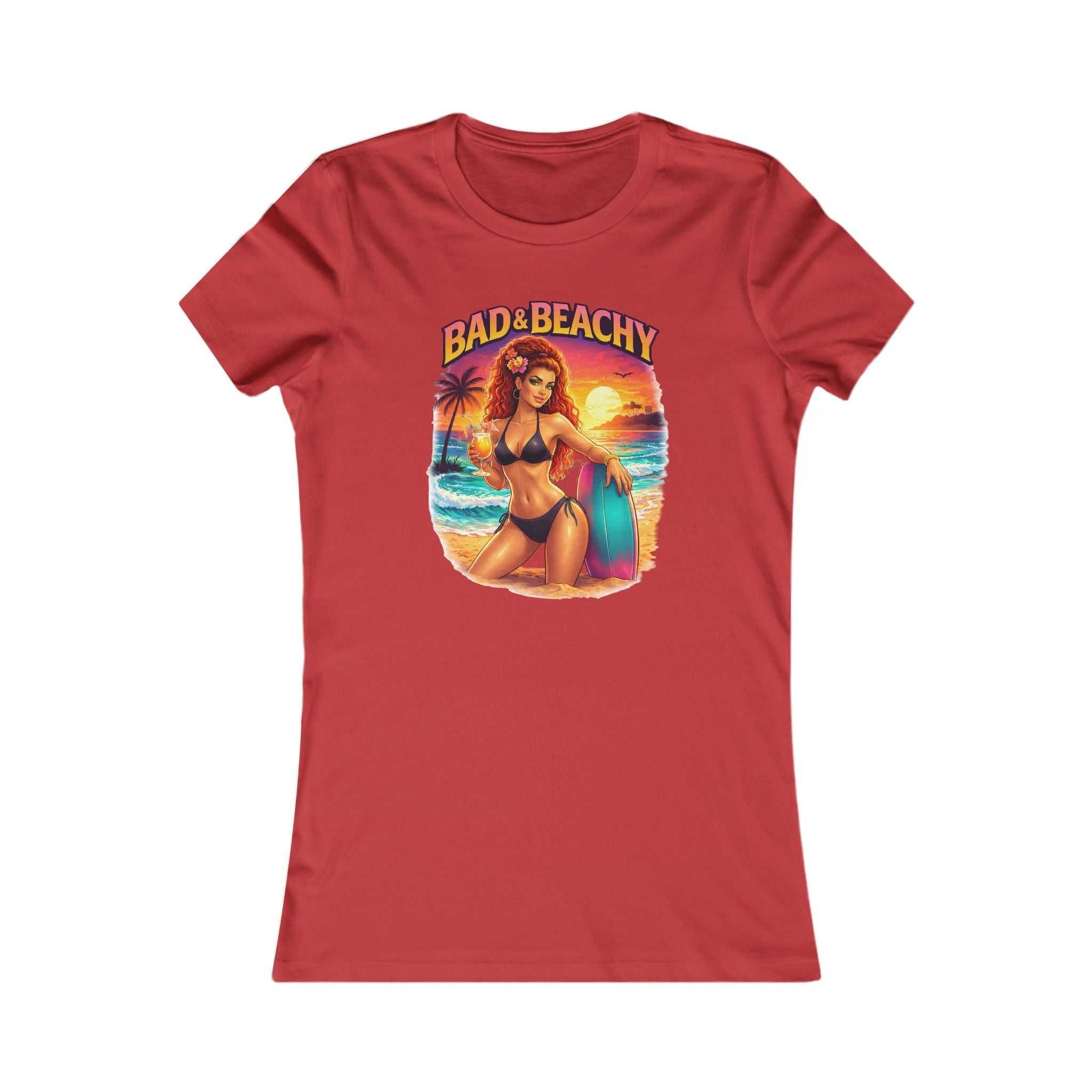 Bad & Beachy Women’s Tee — Retro Pinup Surf Bikini Graphic