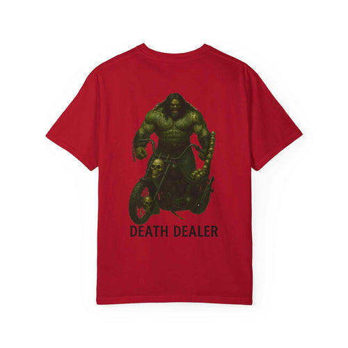 Red Death Dealer unisex garment-dyed t-shirt with biker skull graphic and bold design