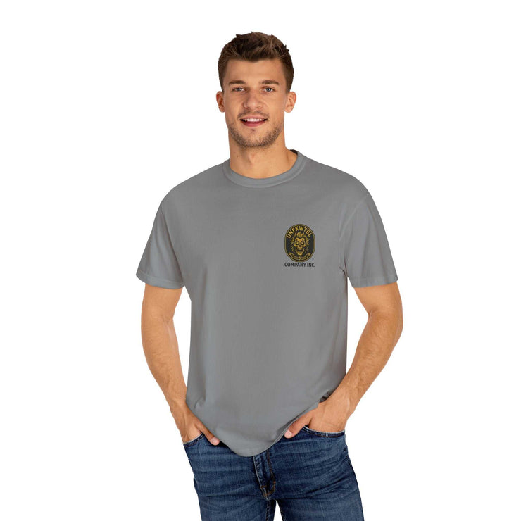 Unisex grey Hades Pool Hall garment-dyed cotton T-shirt with logo, casual fit model wearing