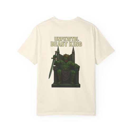 Unisex garment-dyed T-shirt with Beast King vintage graphic design on back, casual eco-friendly cotton tee for gamers and holiday gifts