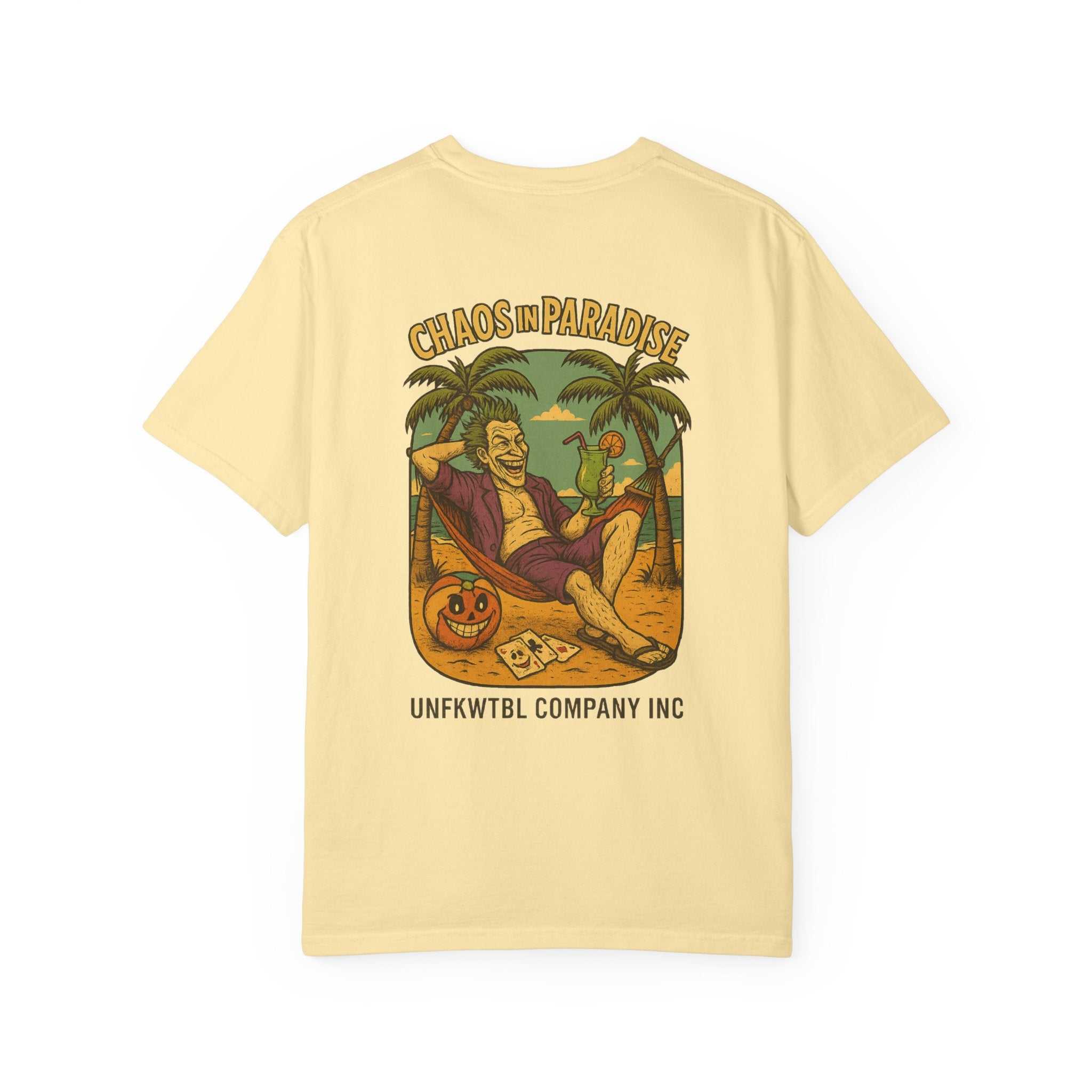 Unisex Tropical Humor T-Shirt with "Chaos in Paradise" graphic, garment-dyed casual summer tee ideal for beachwear and vacations