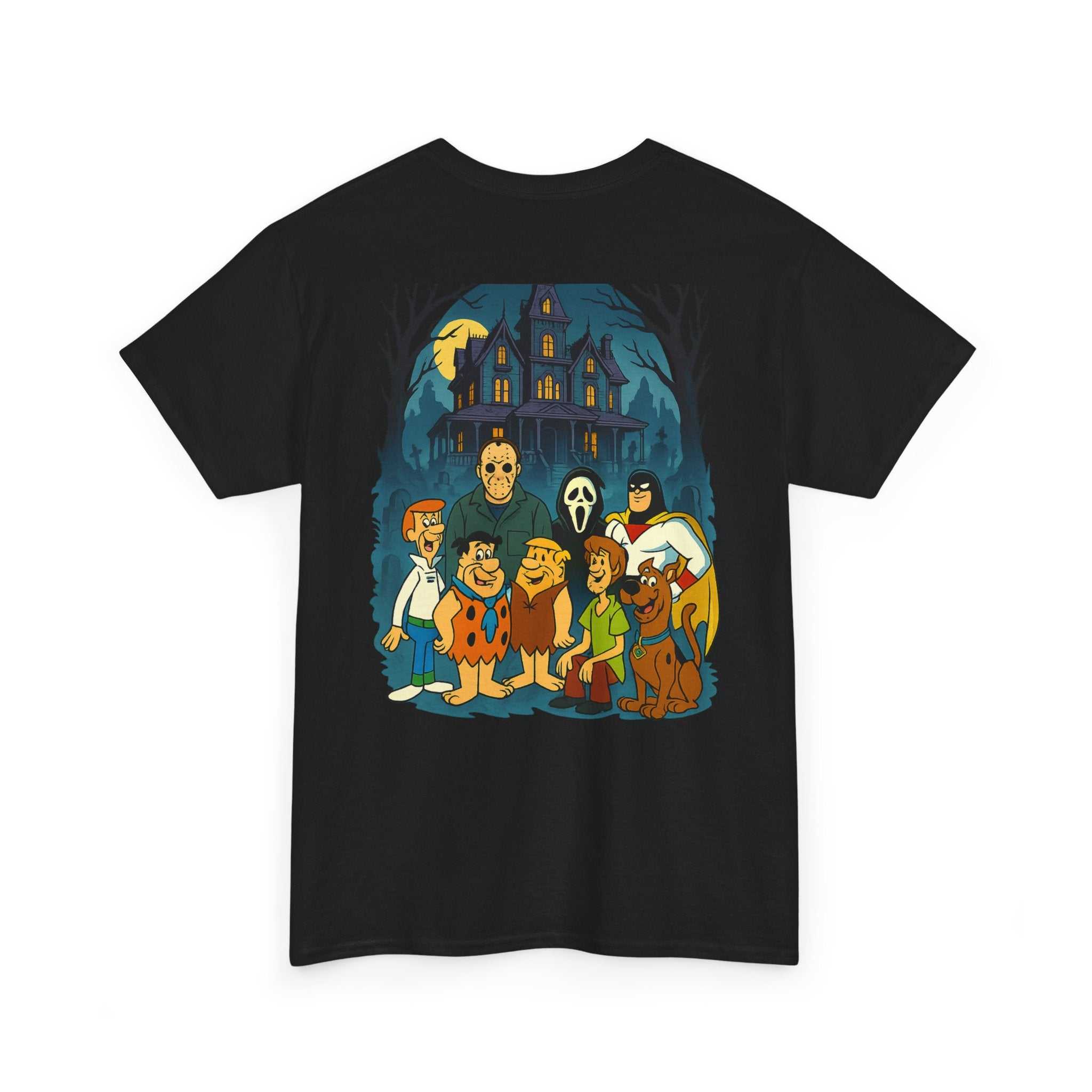 Tee shirt featuring Saturday morning cartoons and horror legends mashup design