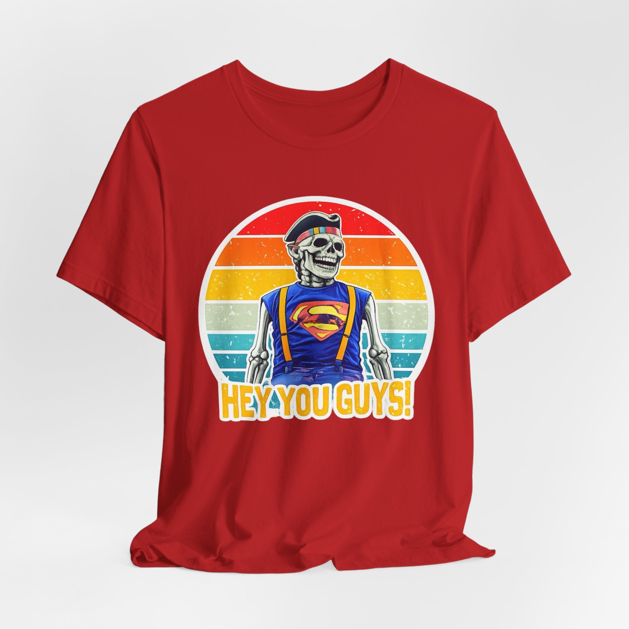 Skeleton Superfan Tee — "Hey You Guys!" Retro Vintage Graphic T-Shirt