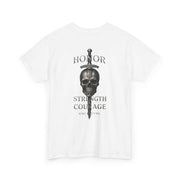 White T-shirt with skull and sword design featuring honor strength and courage text
