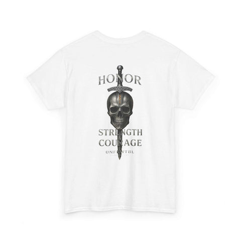 White T-shirt with skull and sword design featuring honor strength and courage text