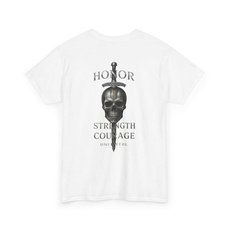 White T-shirt with skull and sword design featuring honor strength and courage text