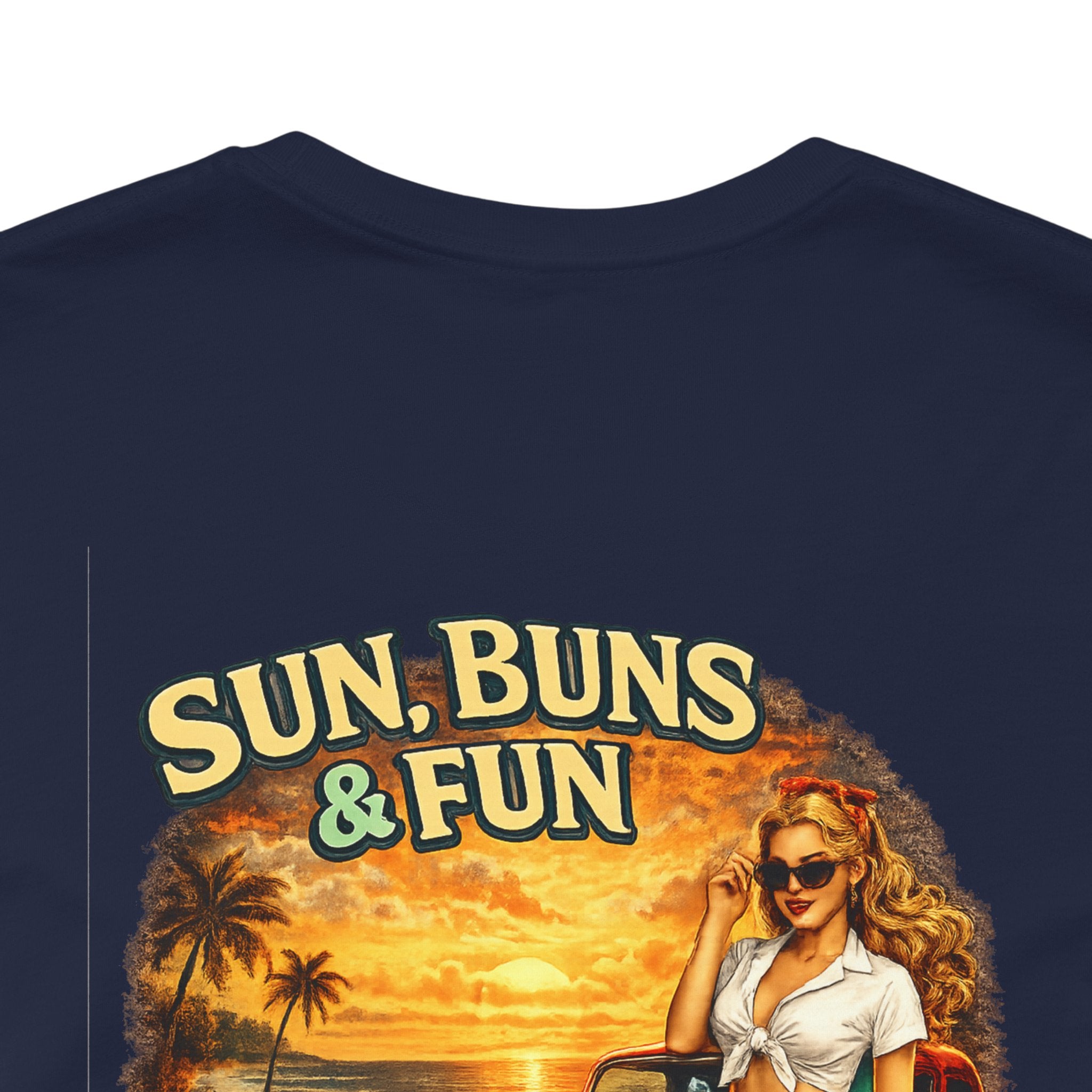 Sun, Buns & Fun Tee — Retro Pin-Up Hot Rod Beach T-Shirt