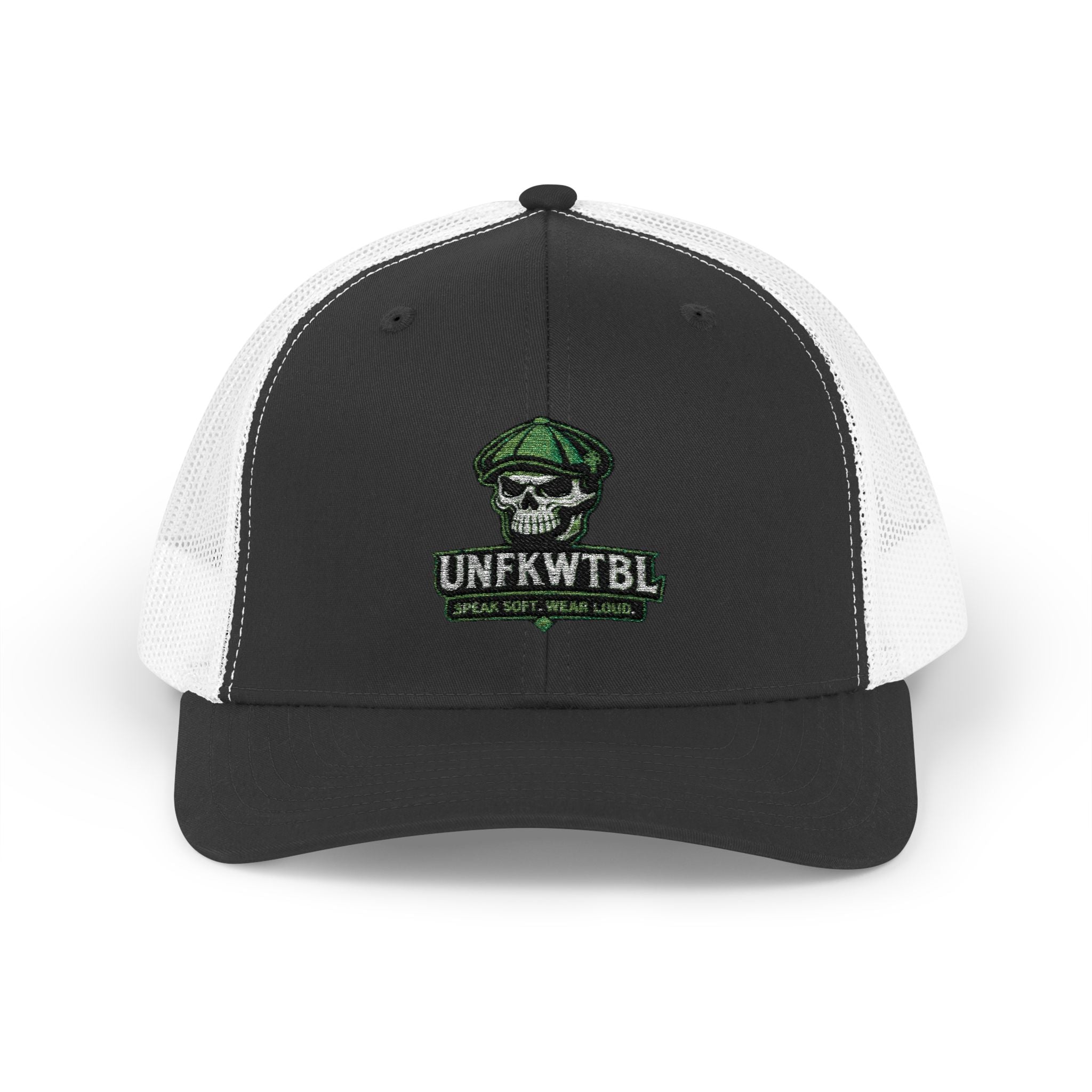 Snapback Trucker Cap — Green Camo Skull "UNFWTB1L" Embroidered Military Patch