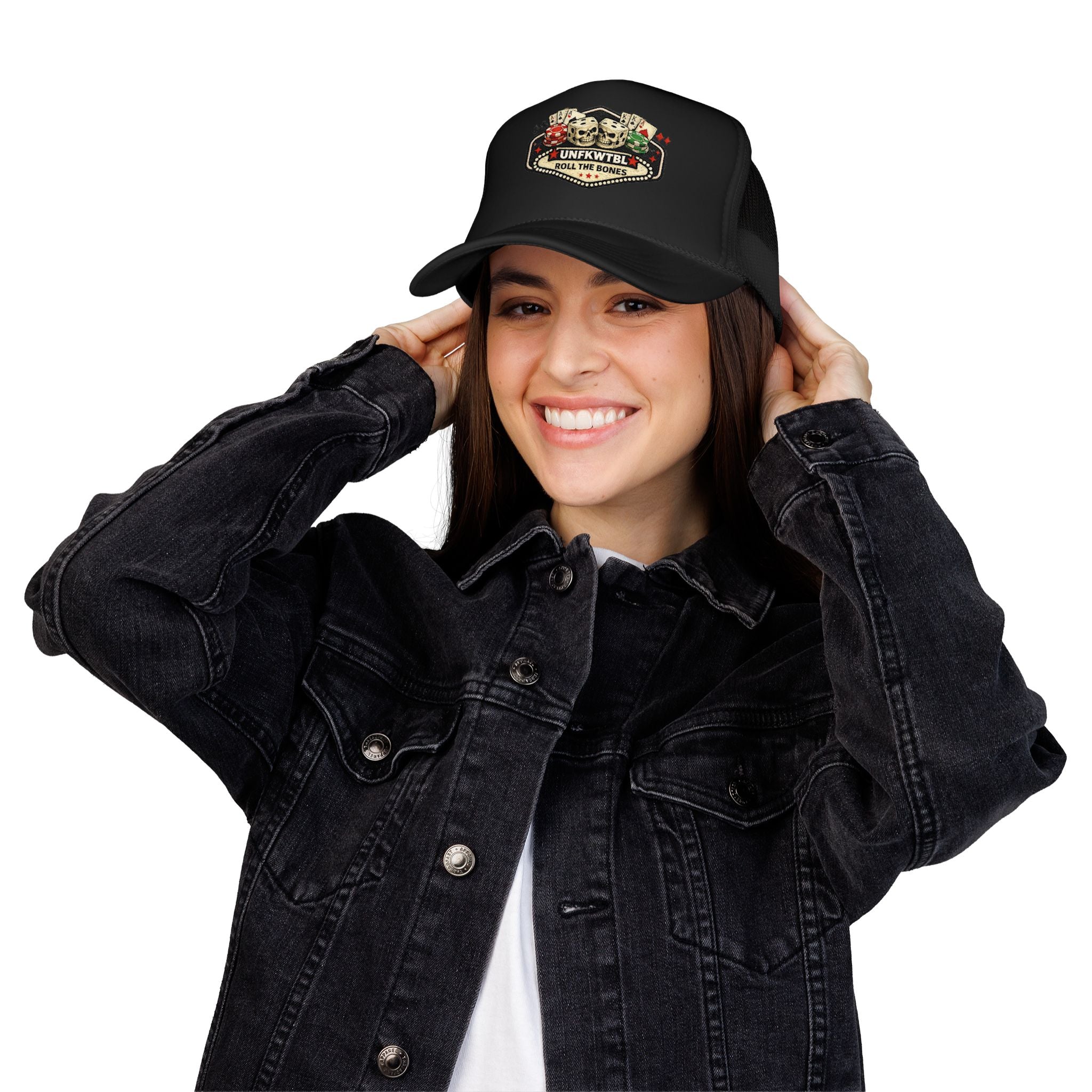 Roll the Bones Trucker Hat — Skull & Dice Poker Foam Cap