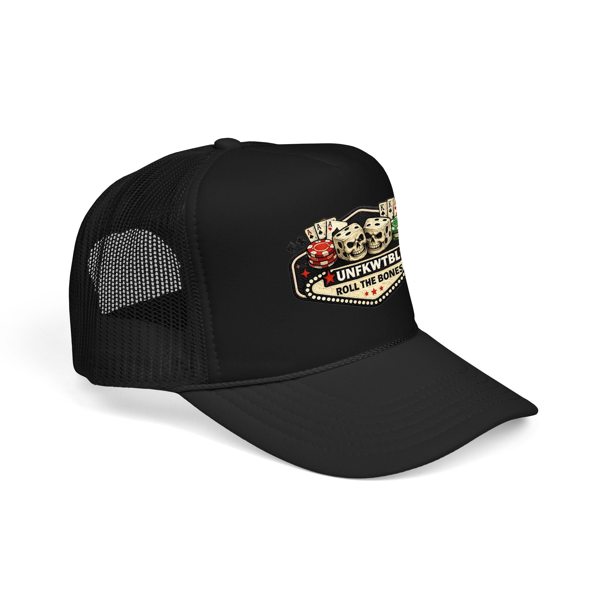 Roll the Bones Trucker Hat — Skull & Dice Poker Foam Cap