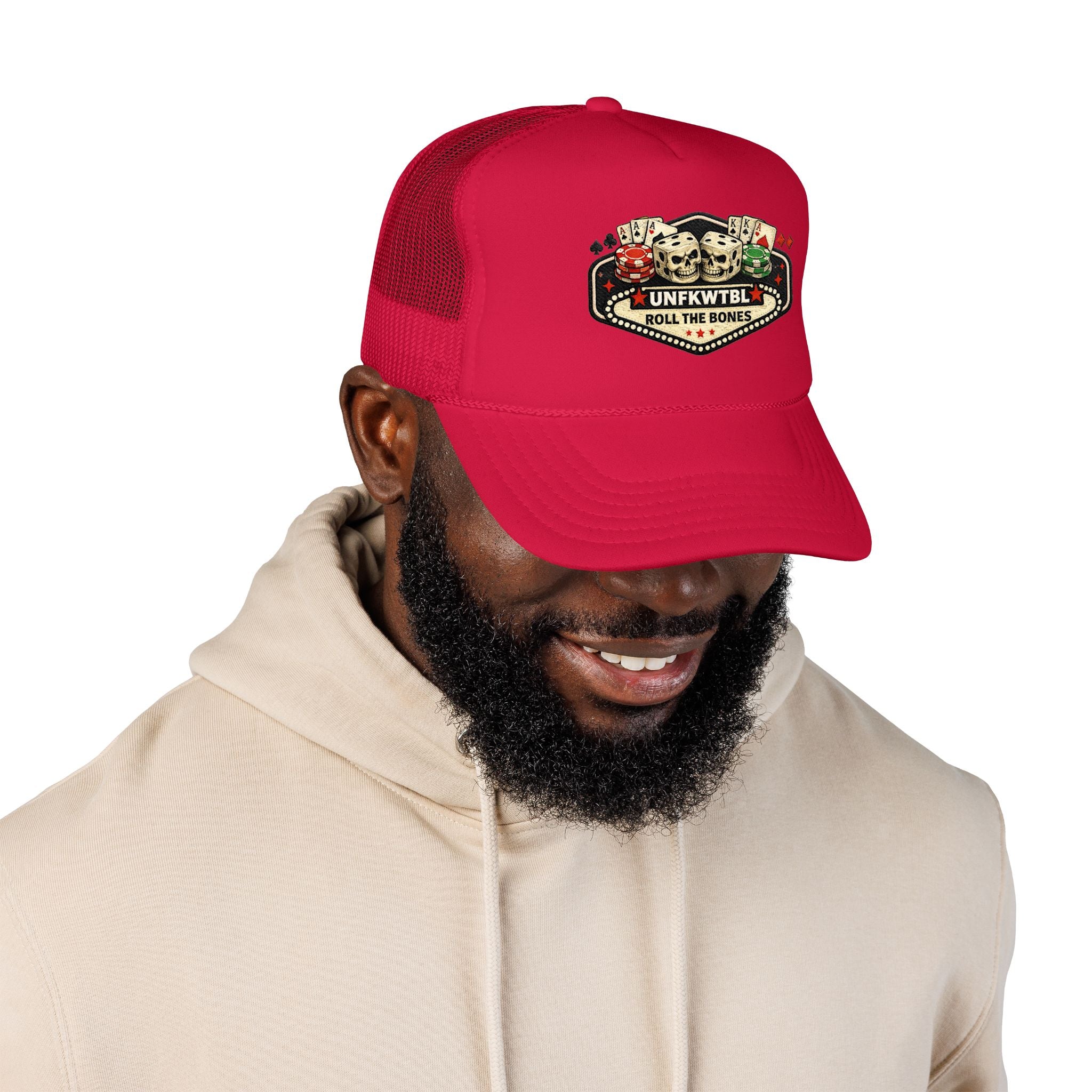 Roll the Bones Trucker Hat — Skull & Dice Poker Foam Cap