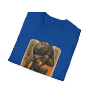 Blue unisex t-shirt with powerful Atlas graphic holding cracked earth on front