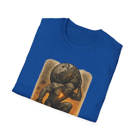 Blue unisex t-shirt with powerful Atlas graphic holding cracked earth on front