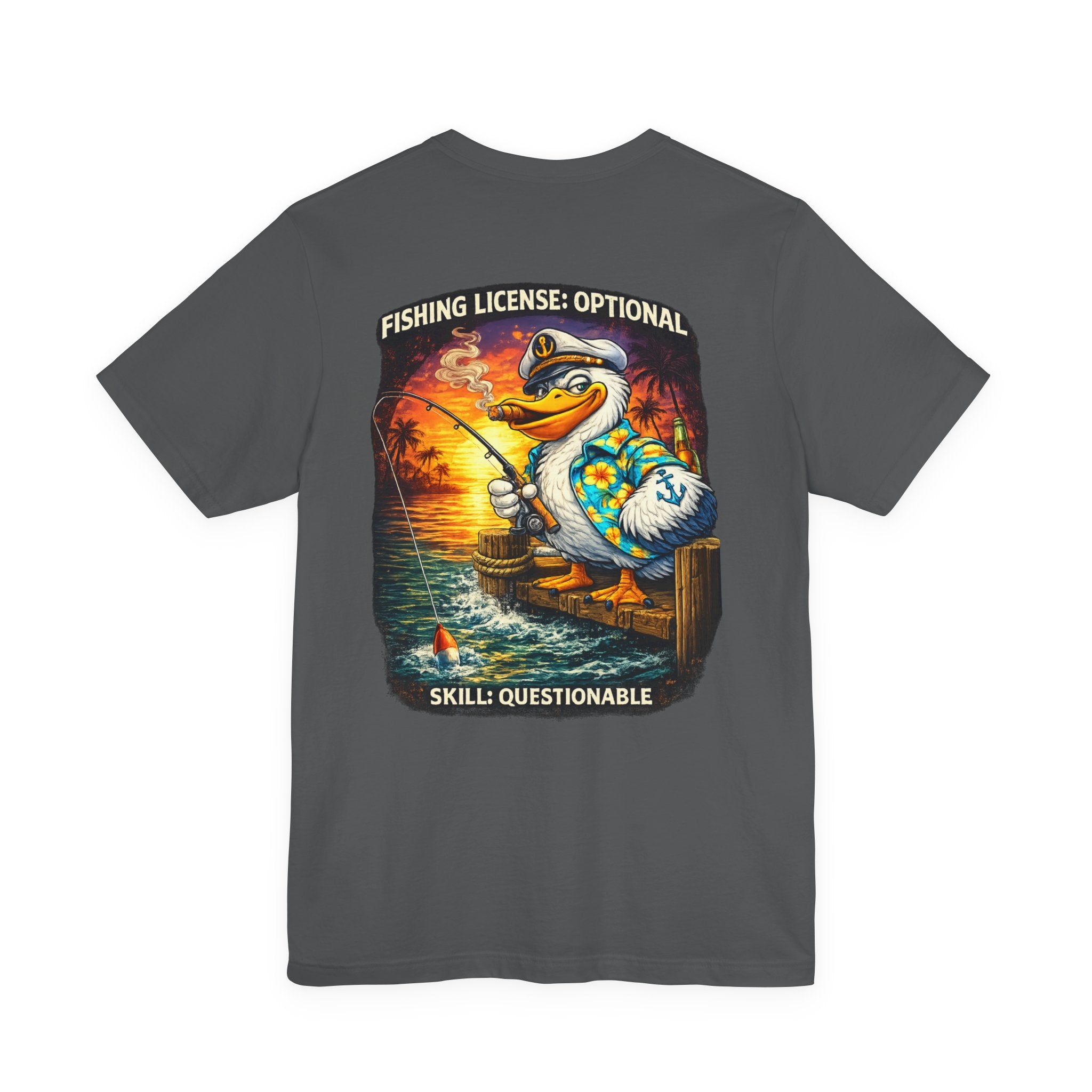 Fishing Duck T-Shirt — “Fishing License: Optional, Skill: Questionable” Graphic Tee